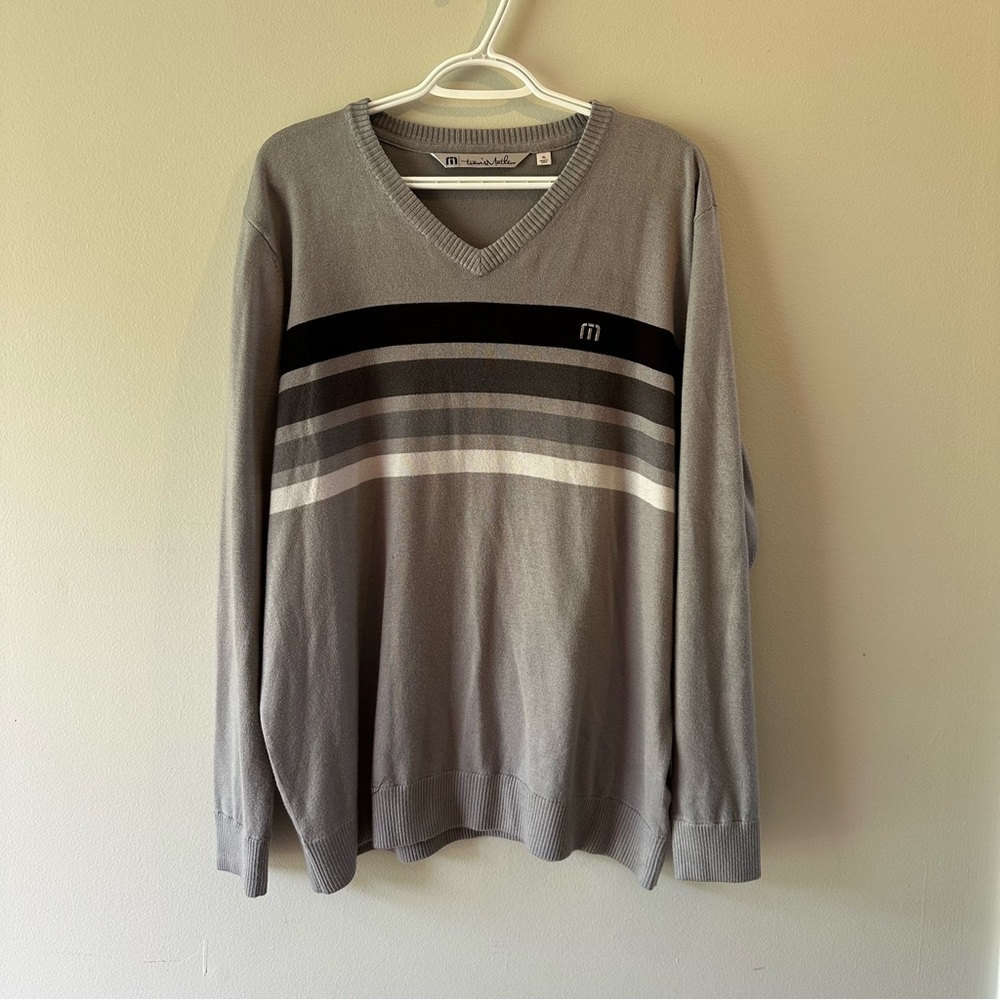 Gray V-Neck Sweater with Stripes